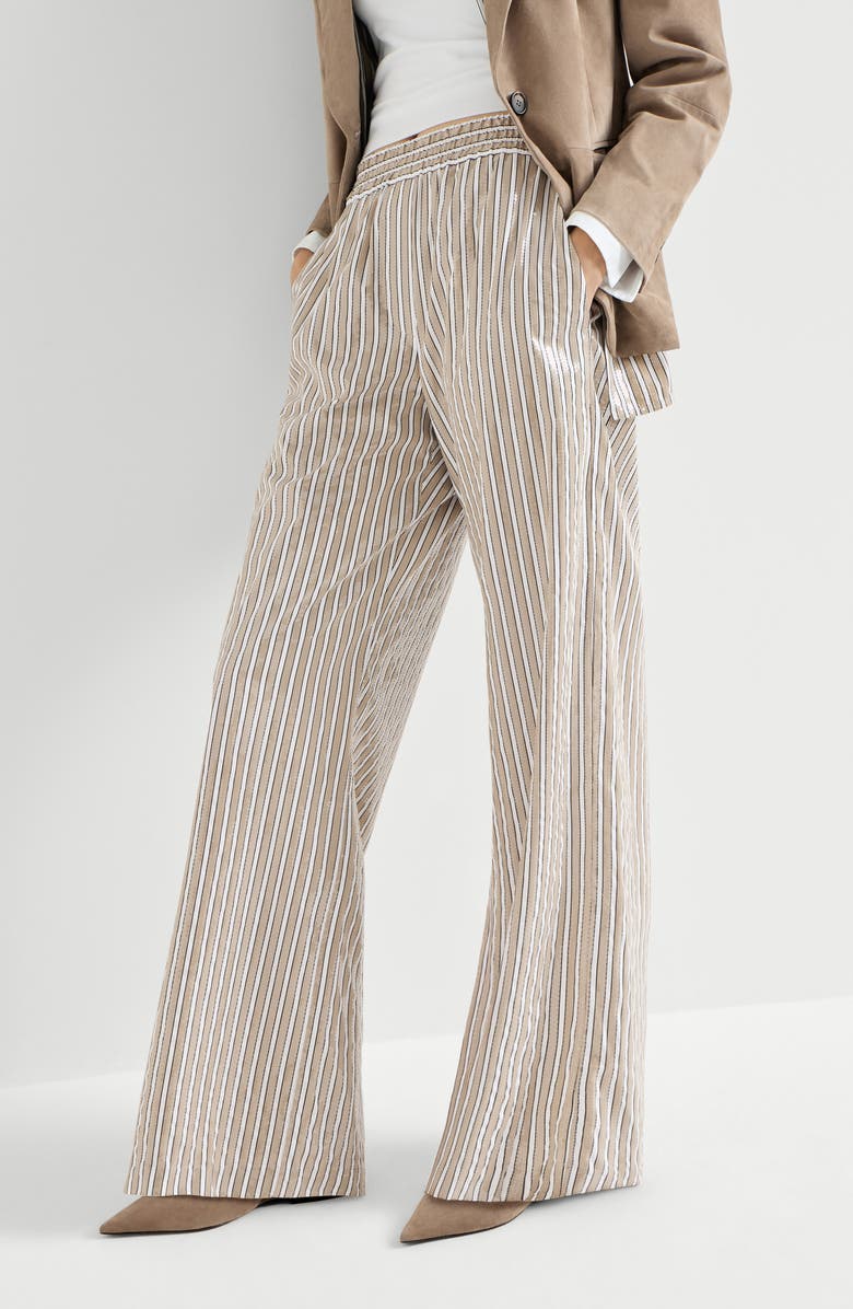 Brunello Cucinelli Dazzling stripes pyjama-style trousers, Alternate, color, Beige
