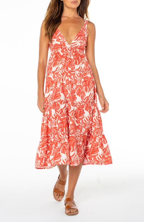 Tula Monstera Print Tiered Open Back Midi Dress