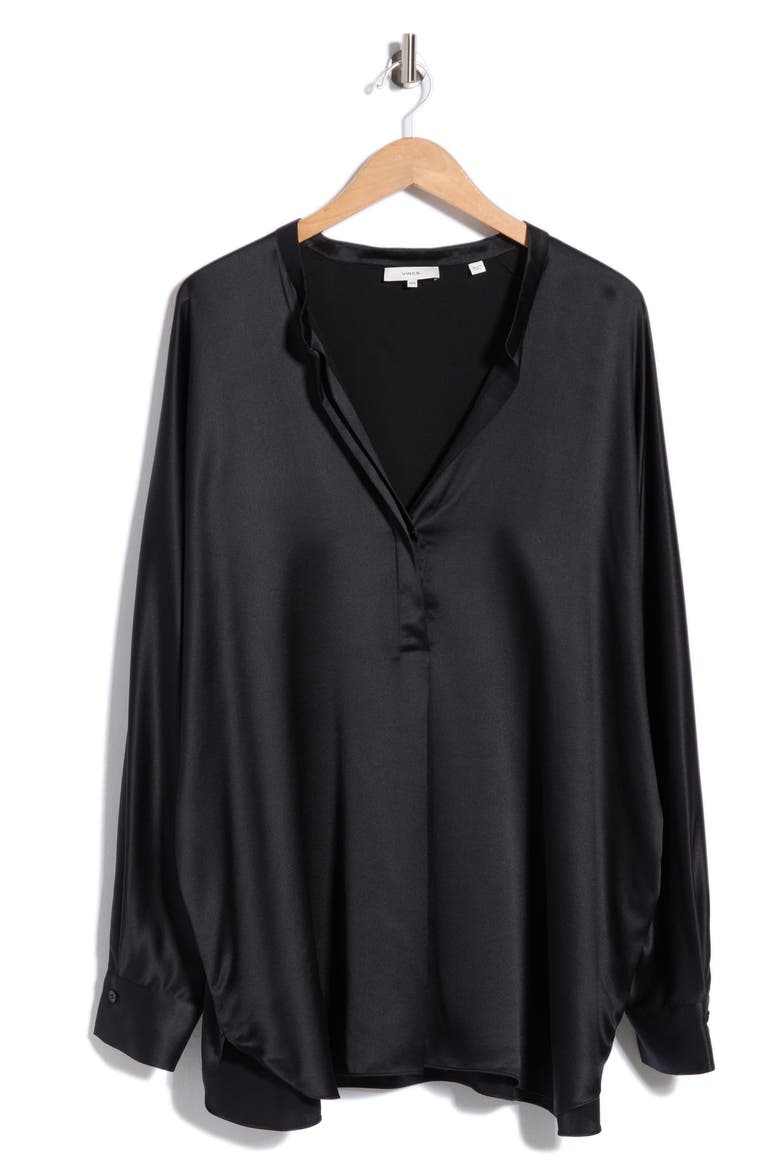 Band Collar Silk Blouse, Main, color, BLACK