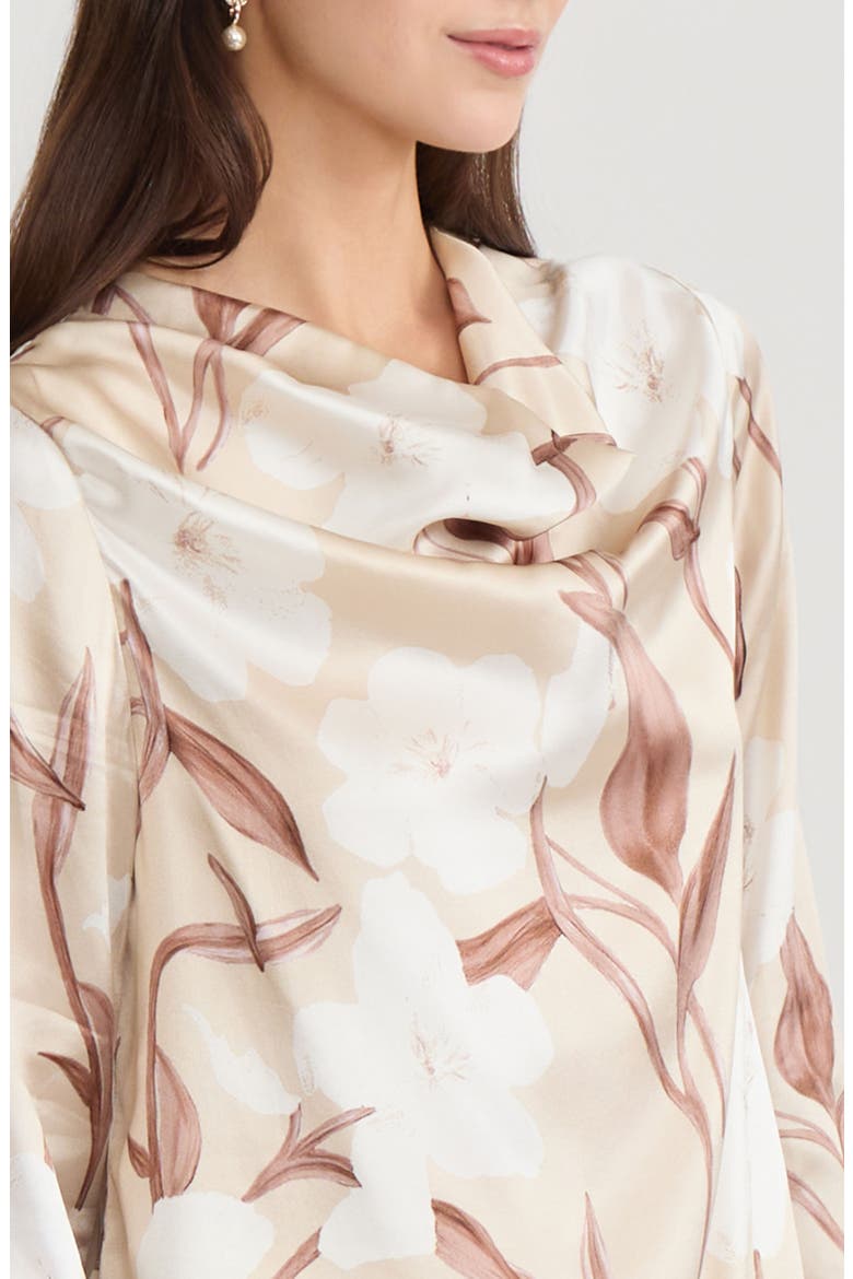 Draped Neck Floral Print Silk Blouse, Alternate, color, Biscotti/Charmeuse