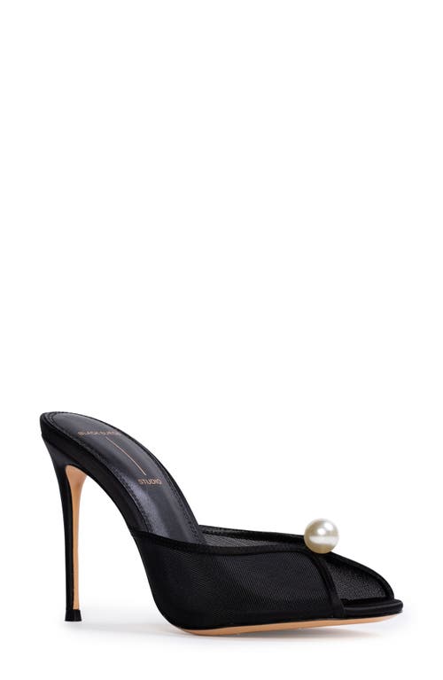 Black Suede Studio Sadie Peep Toe Slide Sandal In Black Mesh