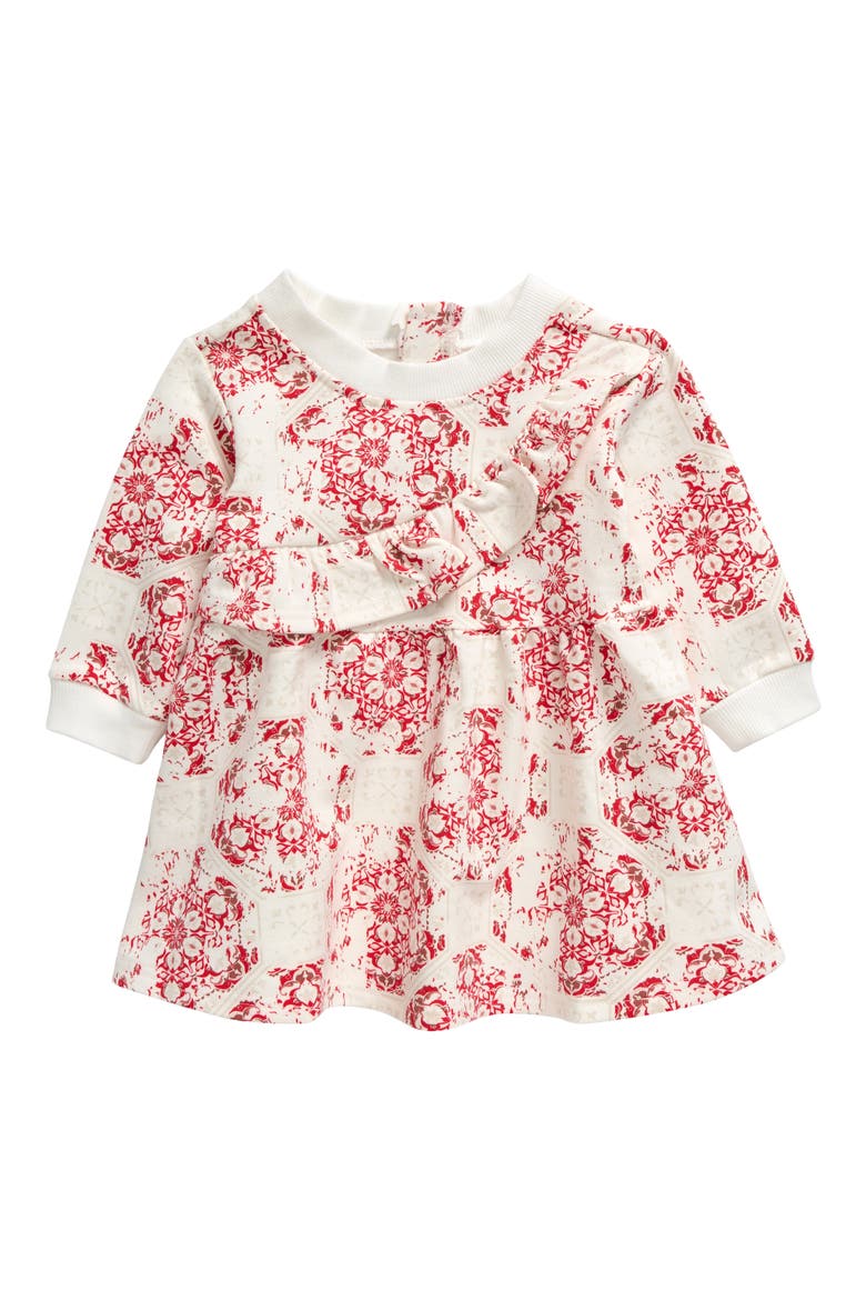 Tile Print Crossover Ruffle Dress, Main, color, RED