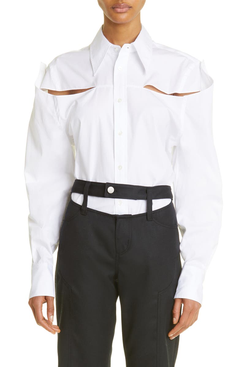 K.NGSLEY Gender Inclusive Slashed Cotton Poplin Button-Up Shirt, Main, color, 