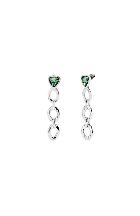 Sterling Silver Plated Earrings with Link and Green Crystal