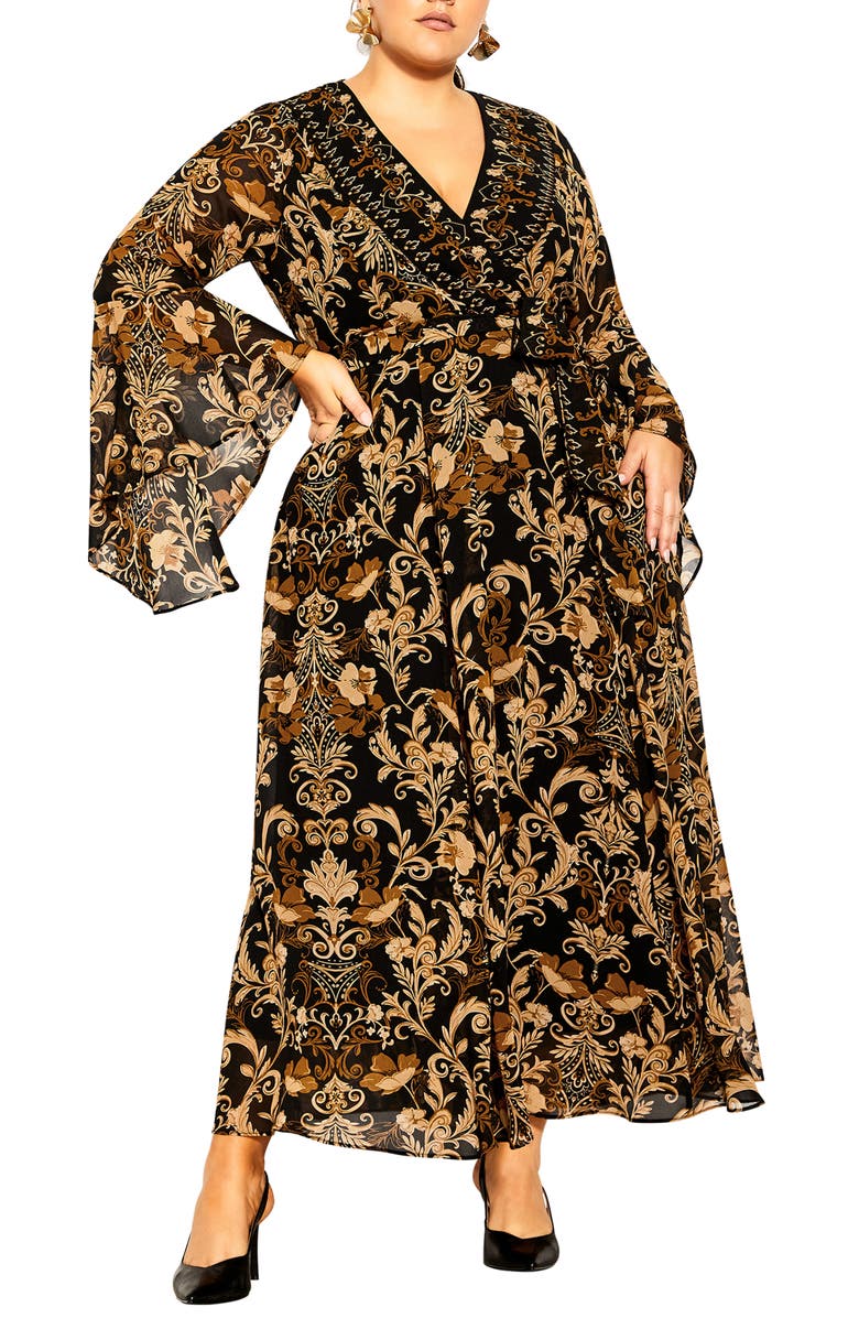 City Chic Everly Long Sleeve Faux Wrap Maxi Dress, Main, color,