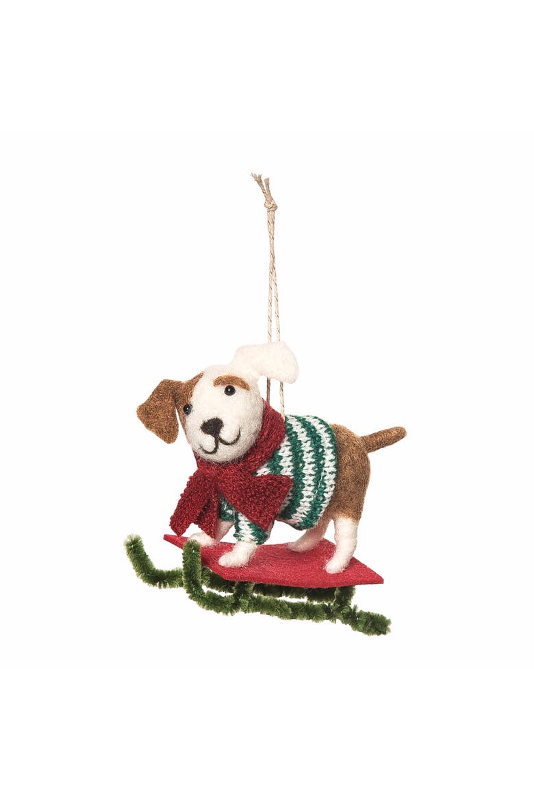 Green Sweater Sleigh Dog Ornament, Main, color, Brown
