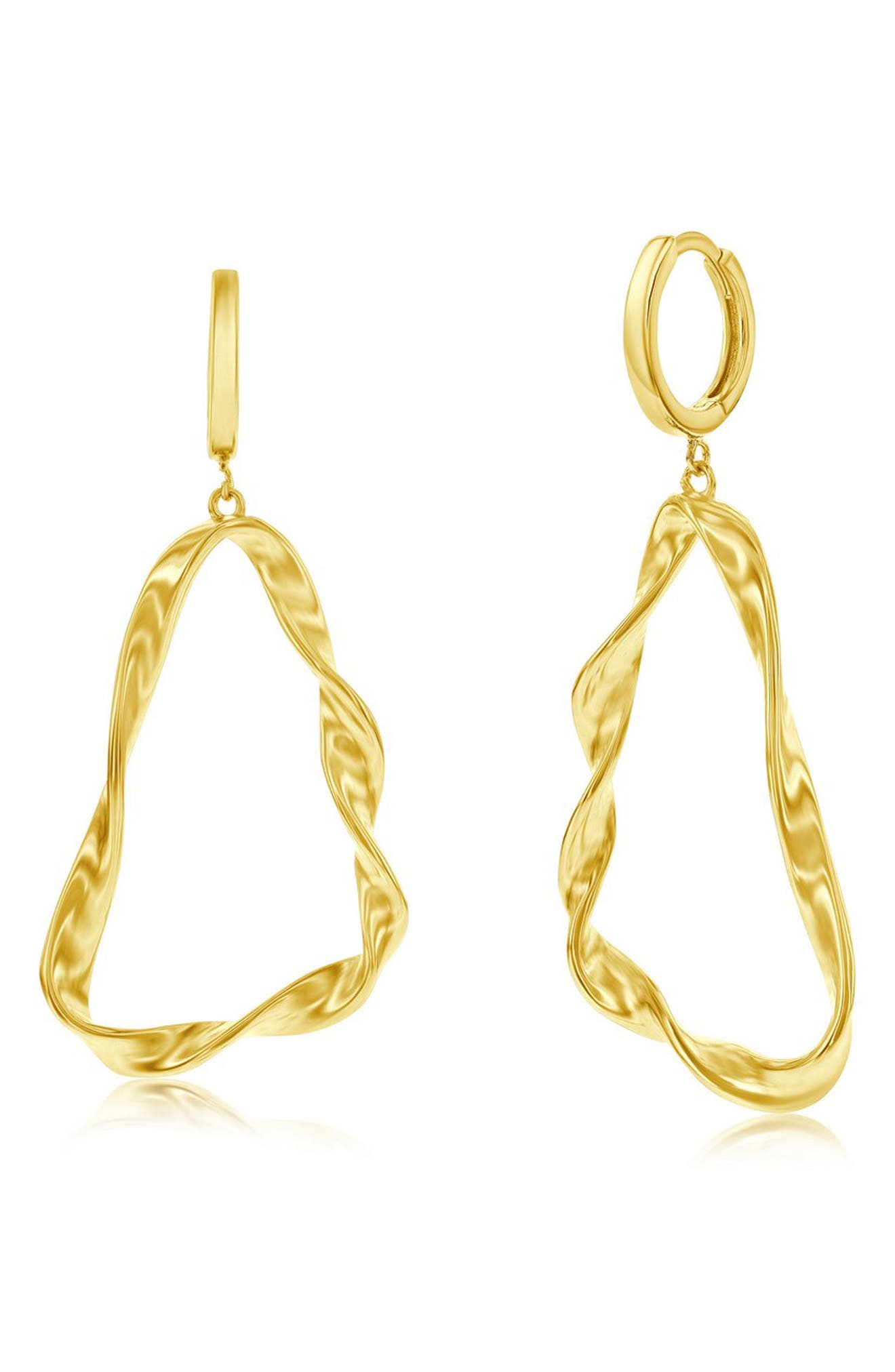 SIMONA 14K Gold Plated Sterling Silver Twisted Triangle Drop Huggie Hoop Earrings