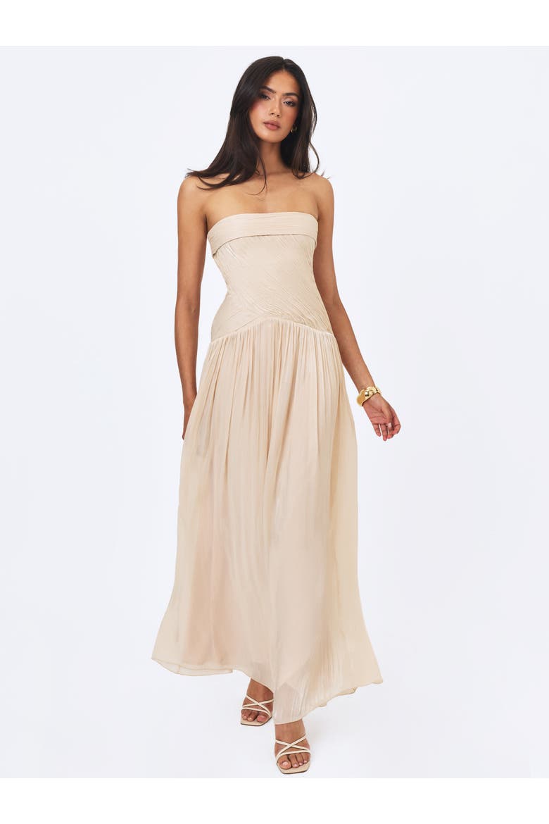 Olivine Crystal Organza Strapless Maxi Dress, Alternate, color, Beige