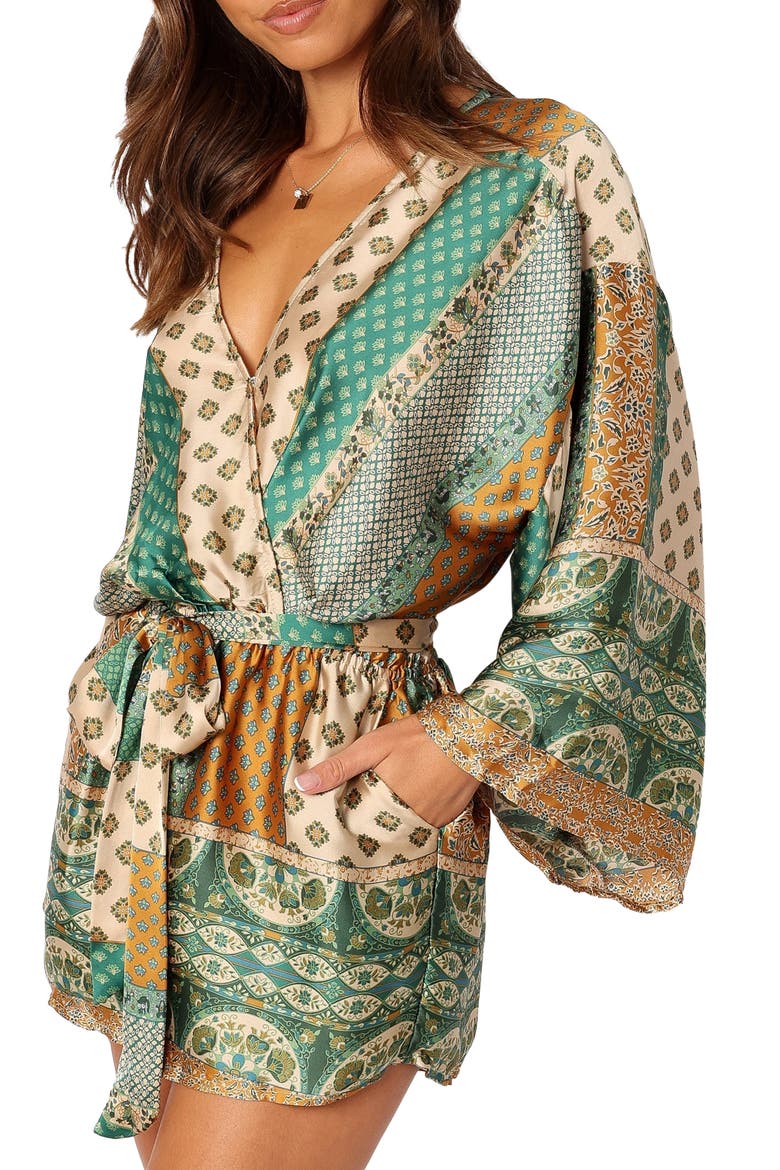 Elyse Long Sleeve Satin Romper, Alternate, color, GREEN