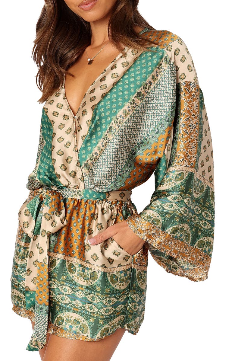 Petal & Pup Elyse Long Sleeve Satin Romper, Alternate, color, Green