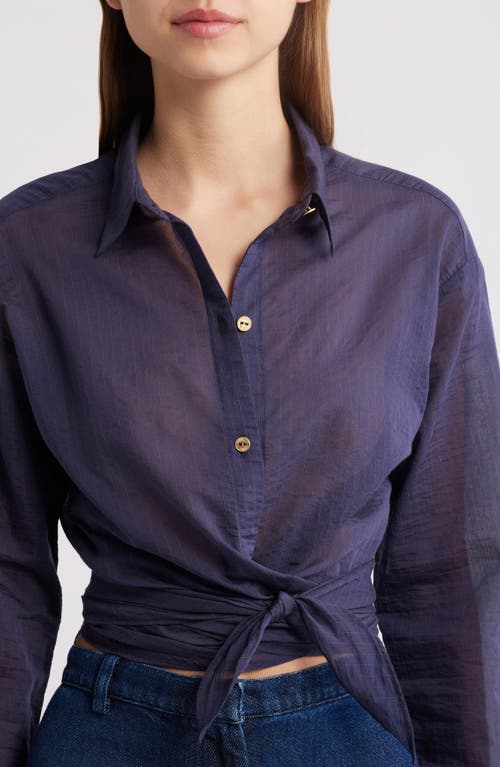 Shop Sessun Sessùn Procilong Stripe Tie Hem Crop Shirt In Blue