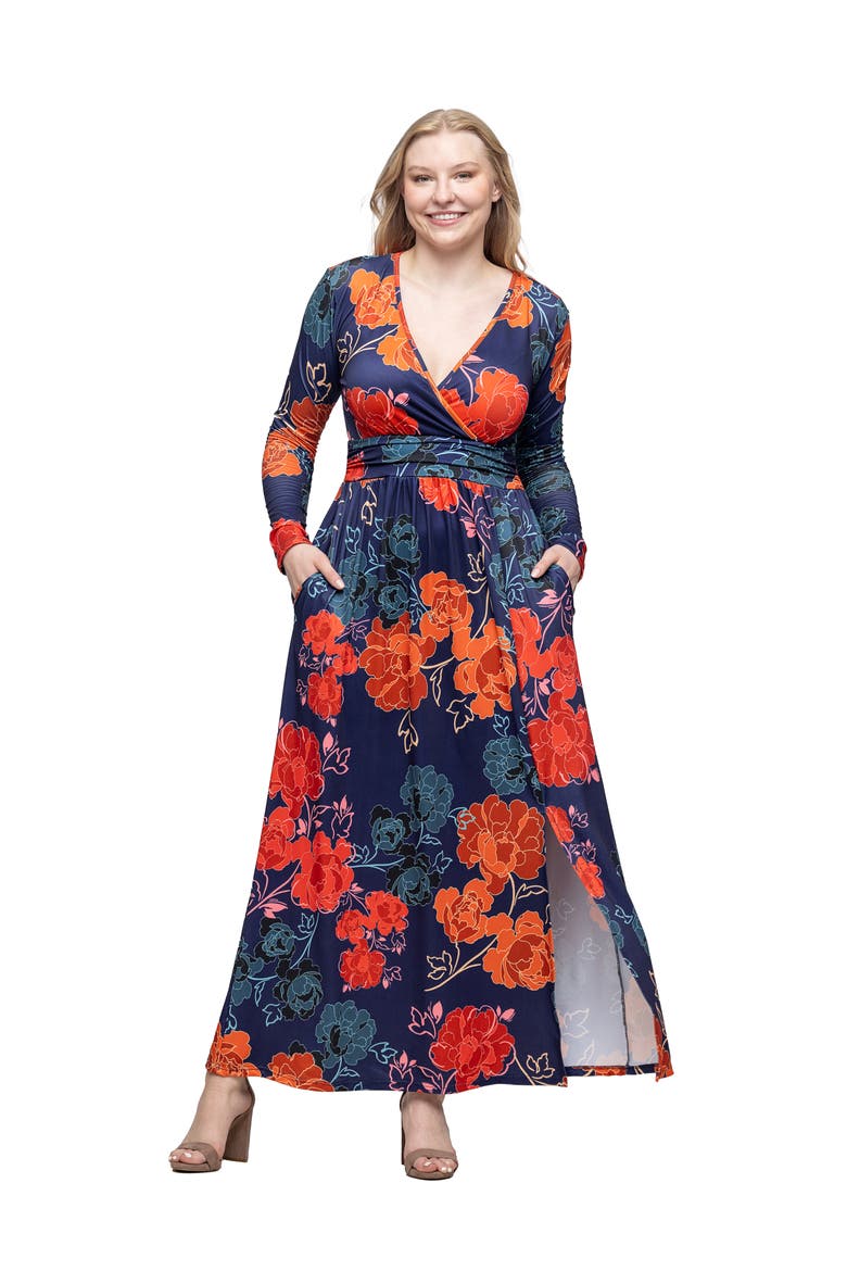 Floral Print Long Sleeve Side Slit Maxi Dress, Main, color, Navy Multi
