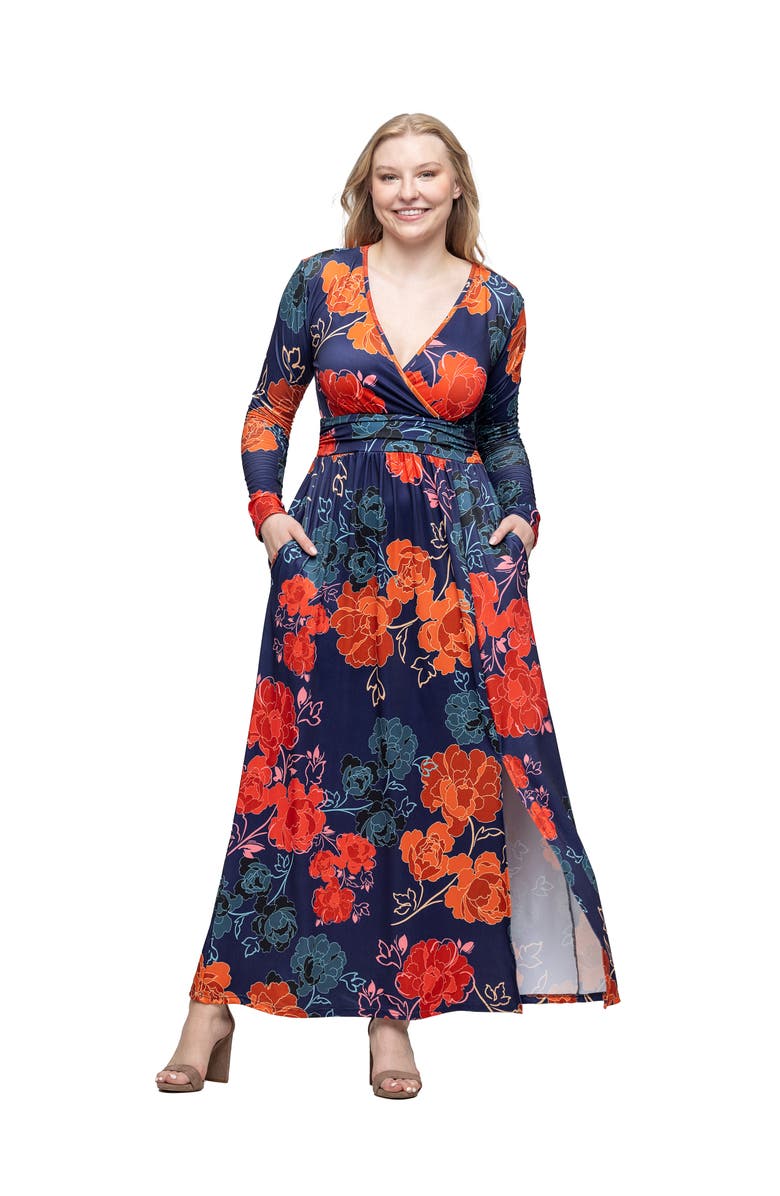 24seven Comfort Apparel Floral Print Long Sleeve Side Slit Maxi Dress, Main, color, Navy Multi