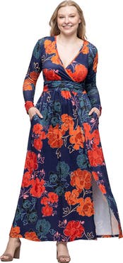 24seven Comfort Apparel Floral Print Long Sleeve Side Slit Maxi Dress