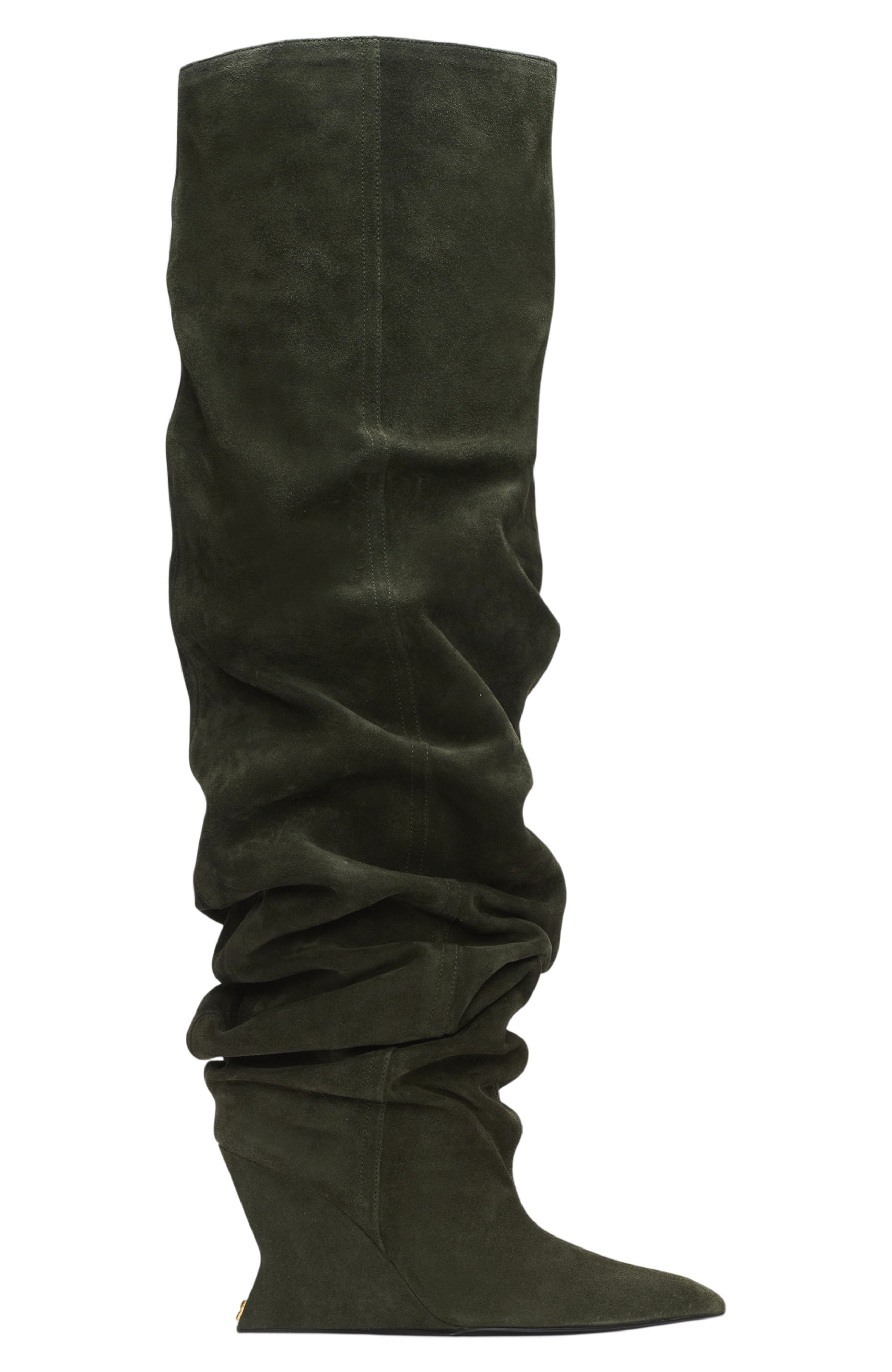 Balmain Suede leather Wedge thigh-high boots, Alternate, color, Khaki