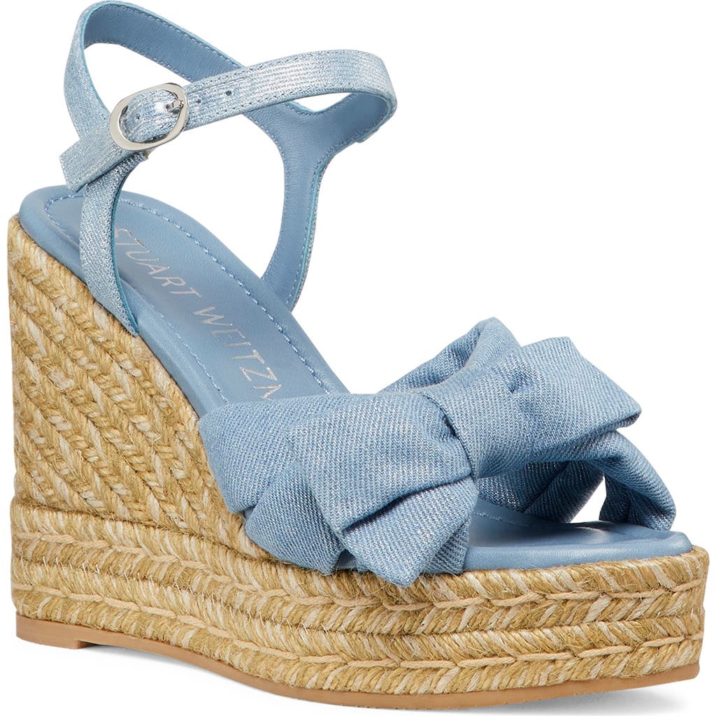Stuart Weitzman Sofia Denim Bow Wedge Espadrille Sandals In Denim Silver