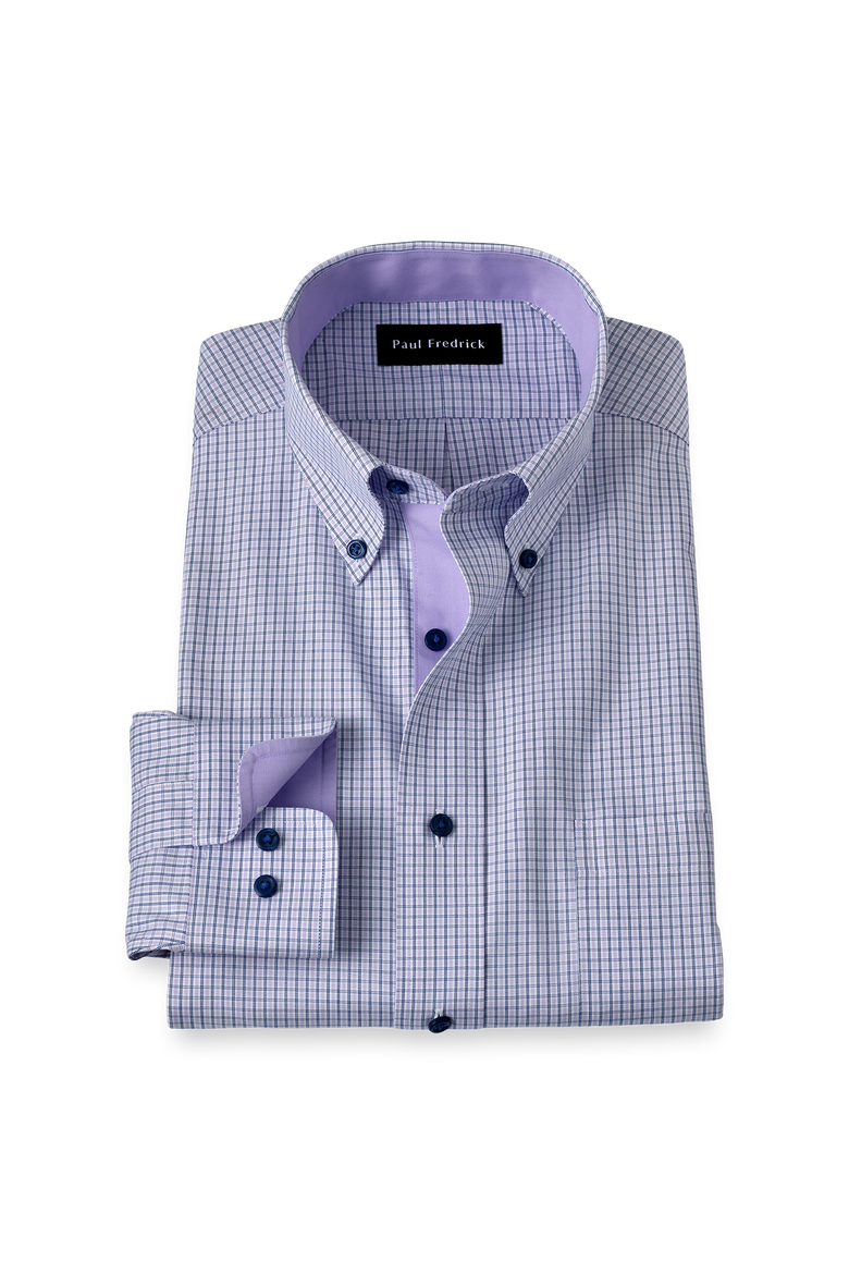 Cotton Buttondown Collar Pinpoint Classic Contrast Trim Button Cuff Long Sleeve, Main, color, Purple
