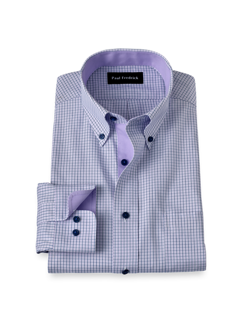 Cotton Buttondown Collar Pinpoint Classic Contrast Trim Button Cuff Long Sleeve