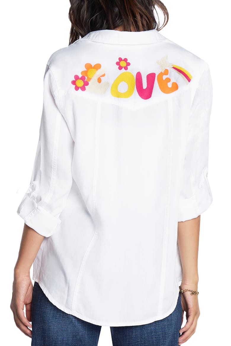 Peace & Love Embroidered Button-Up Shirt, Alternate, color, WHITE