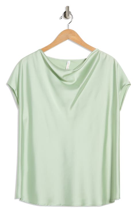 Cowl Neck Short Sleeve Satin Top (Plus)