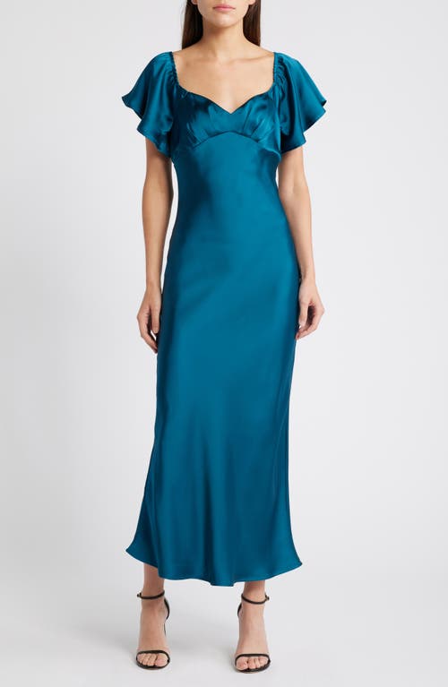 Chelsea28 Flutter Sleeve Satin Gown in Teal Feather 