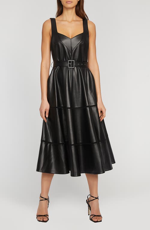 Elie Tahari The Heidi Belted Faux Leather Fit & Flare Dress in Noir 