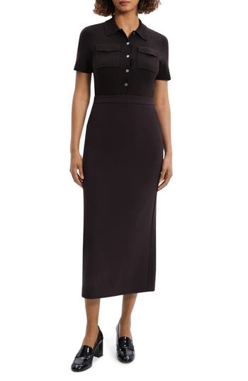 Theory Button Front Mixed Media Crepe Dress In Black