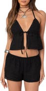 EDIKTED Jael Eyelet Tie Front Halter Crop Top