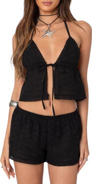 EDIKTED Jael Eyelet Tie Front Halter Crop Top