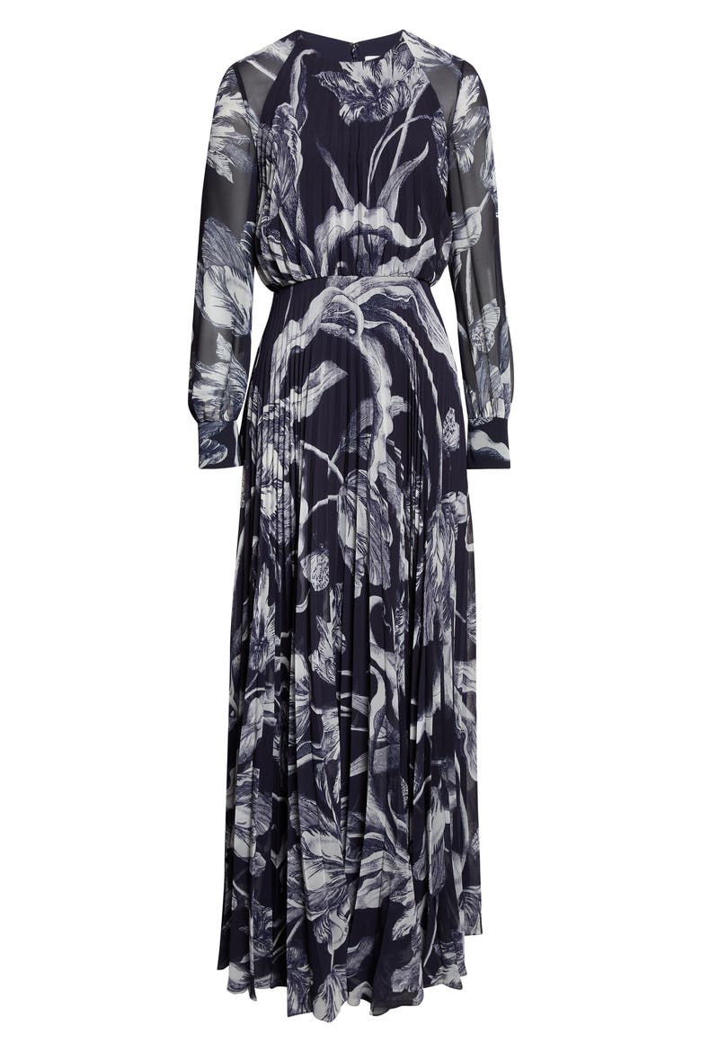 Botanical Engraving Pleated Long Sleeve Voile Gown, Alternate, color, BOTANICAL ENGRAVING MIDNIGHT