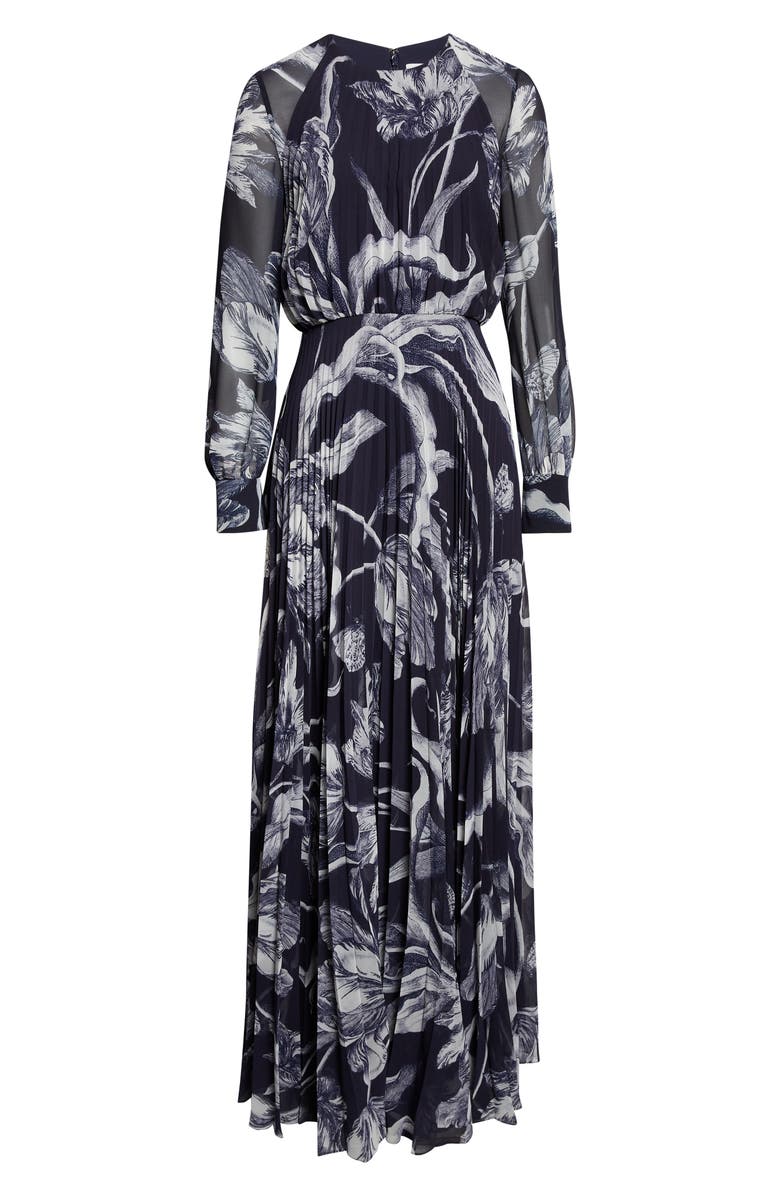 Erdem Botanical Engraving Pleated Long Sleeve Voile Gown, Alternate, color, Botanical Engraving Midnight