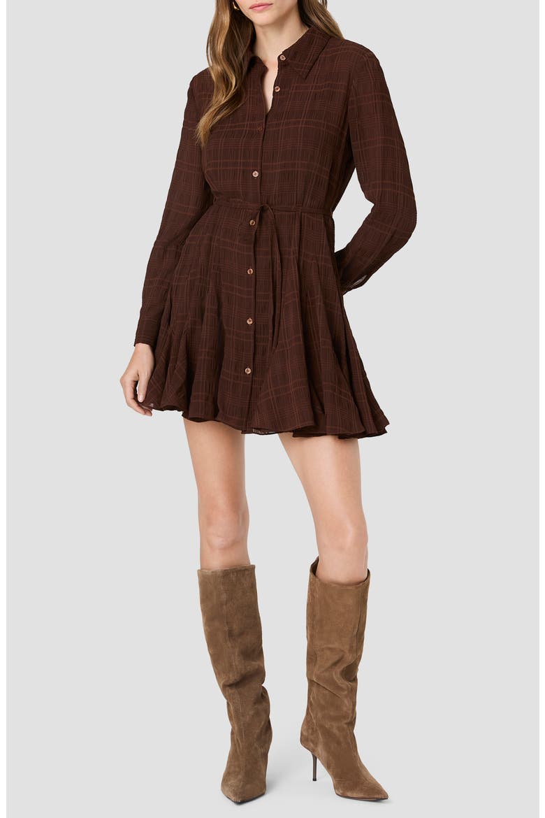 Textured Plaid Long Sleeve Chiffon Shirtdress, Main, color, COCOA BROWN