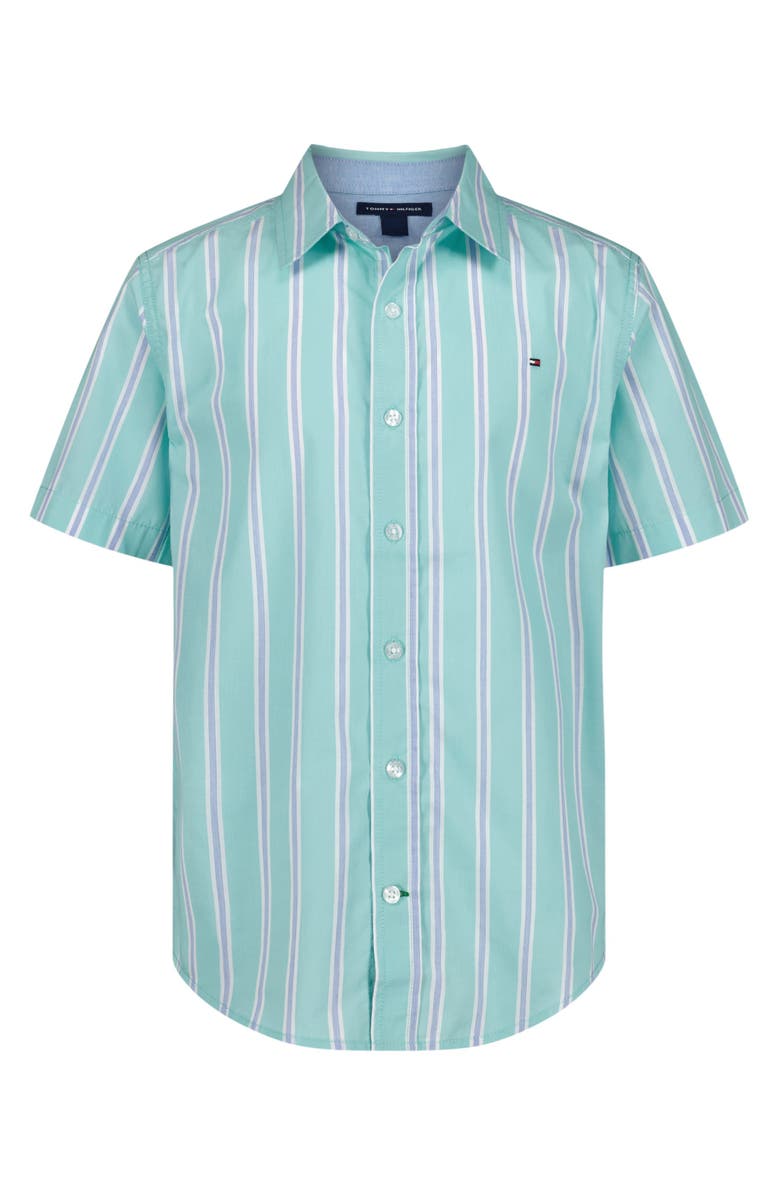 Tommy Hilfiger Kids' Candy Stripe Short Sleeve Button-Up Shirt, Main, color, Amazonite