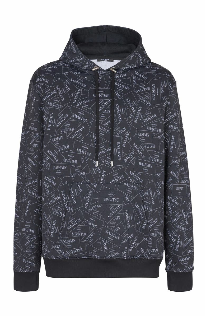 Balmain Hoodie With All-Over Balmain Label Print, Main, color, Black