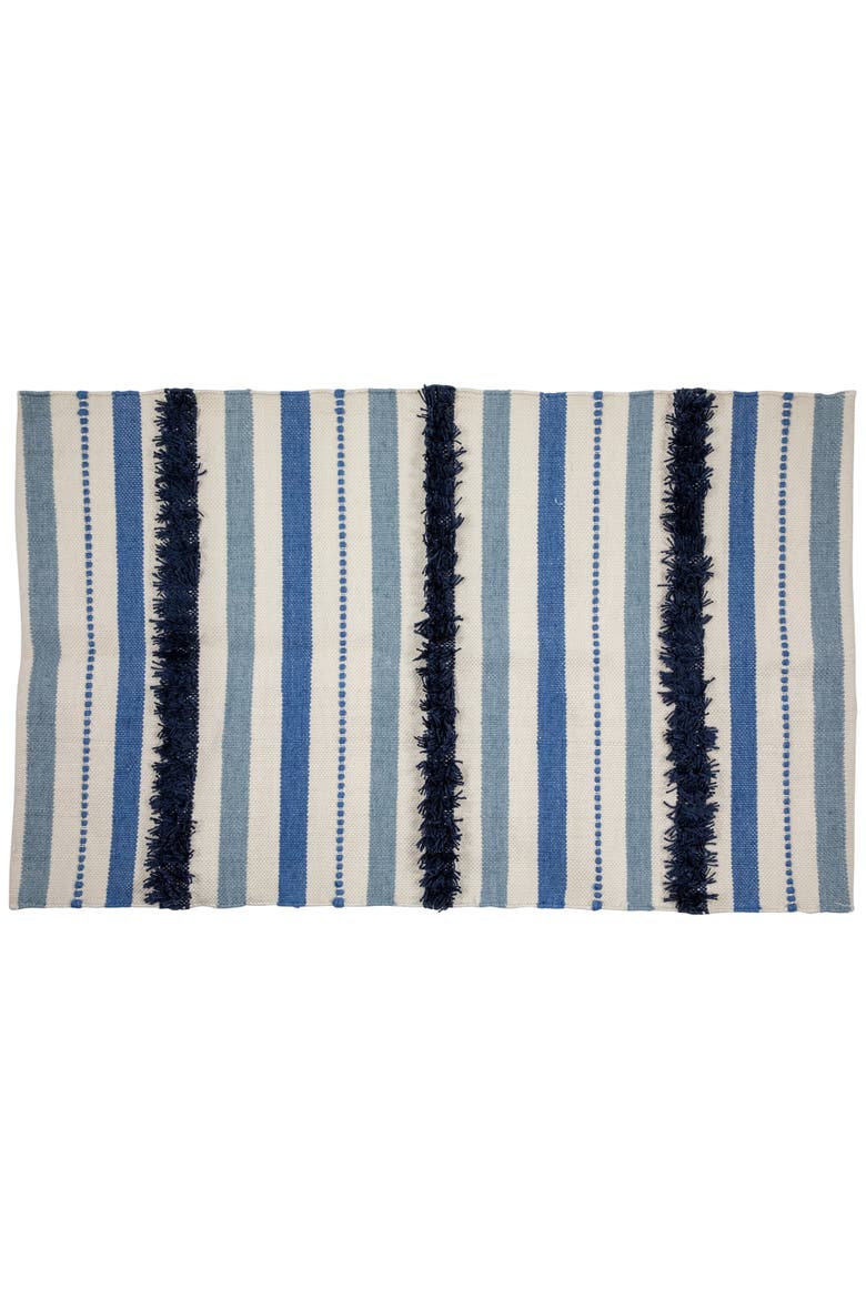 3.5' x 2.25' Blue, Cream and Black Striped Handloom Woven Outdoor Accent Throw Rug, Main, color, Blue