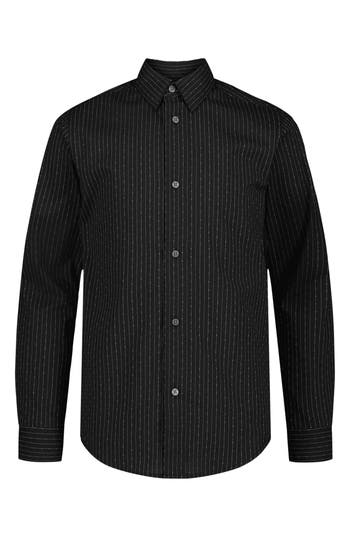 Calvin Klein Kids' Dobby Stripe Stretch Long Sleeve Button-up Shirt In Black