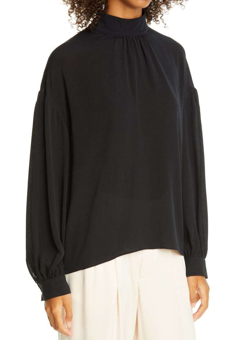 Shirred Mock Neck Silk Top, Alternate, color, BLACK