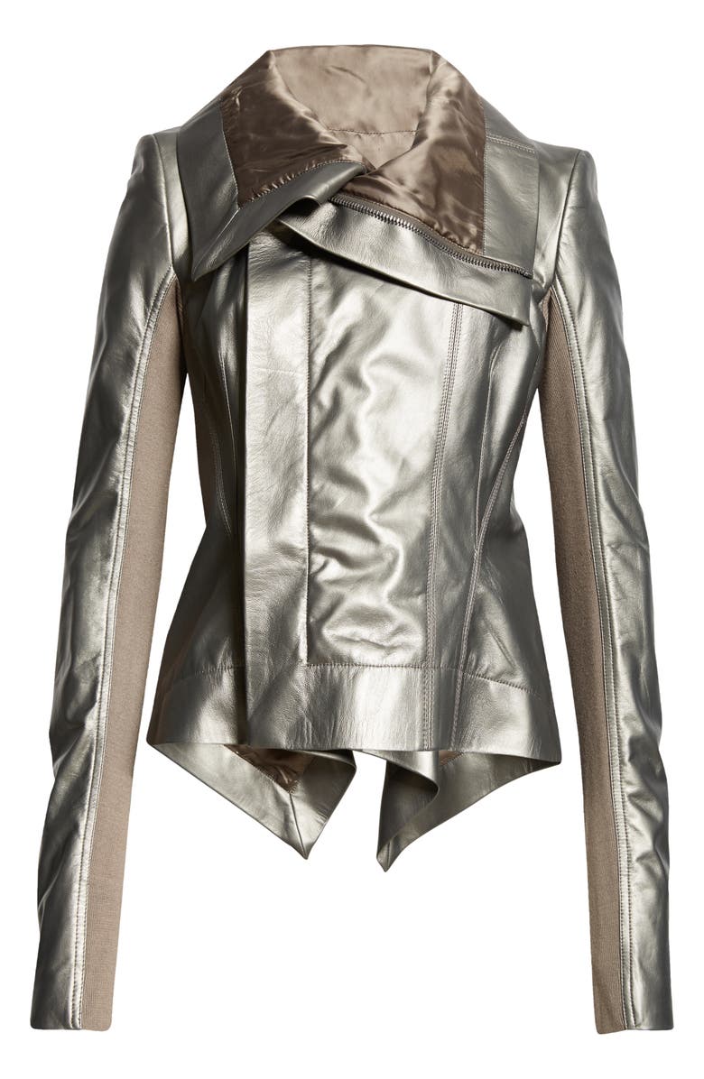 Rick Owens Naska Drape Metallic Lambskin Biker Jacket, Alternate, color,