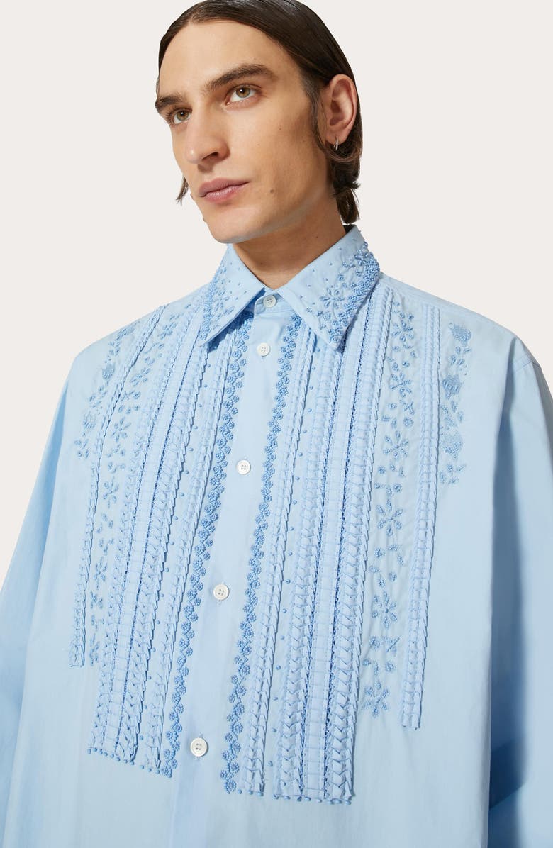 Valentino Embroidered Bib Cotton Poplin Button-Up Shirt, Alternate, color,