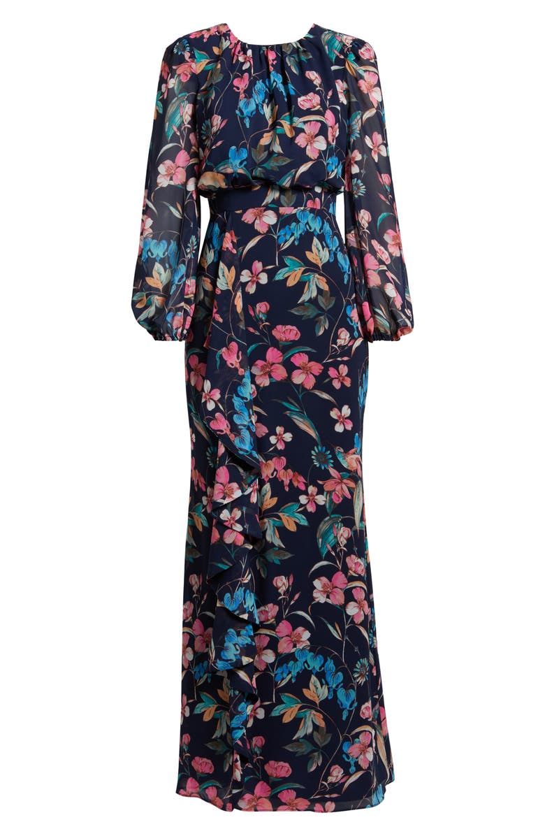 Eliza J Floral Long Sleeve Cascade Ruffle Maxi Dress, Alternate, color, 