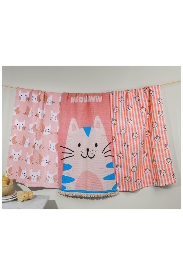 Feline Chic Set of 3 Cotton Waffle Kitchen Towels, Alternate, color, DUSTY ROSE/ BEIGE
