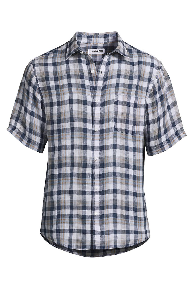 Traditional Fit Short Sleeve Linen Shirt, Alternate, color, Light Indigo Blue/Tan Plaid