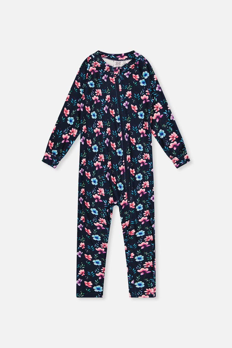 One Piece Stretch Fleece Asymmetric Zip Thermal Underwear, Main, color, Blue Floral Print