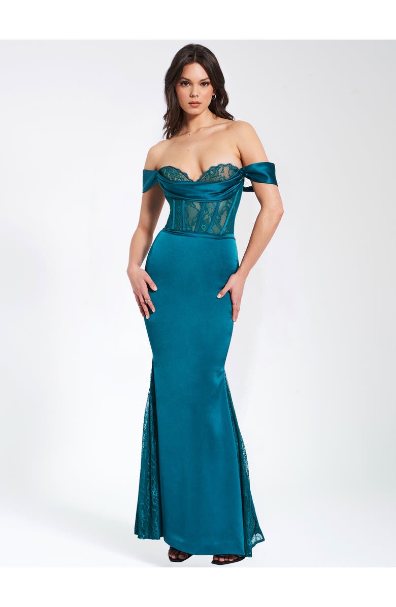 Miss Circle Callista Satin Lace Corset Maxi Dress, Alternate, color, Teal
