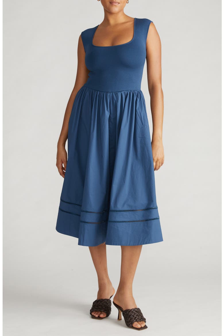 Chloe Mixed Media A-Line Dress, Main, color, BLEU SCOLAIRE