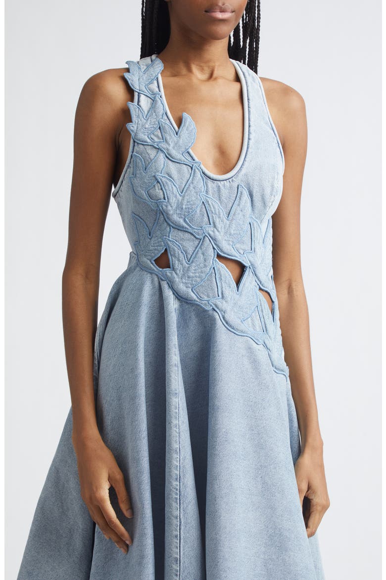 Alchemy Cutout Appliqué Asymmetric Denim Dress, Alternate, color, SEA FOAM