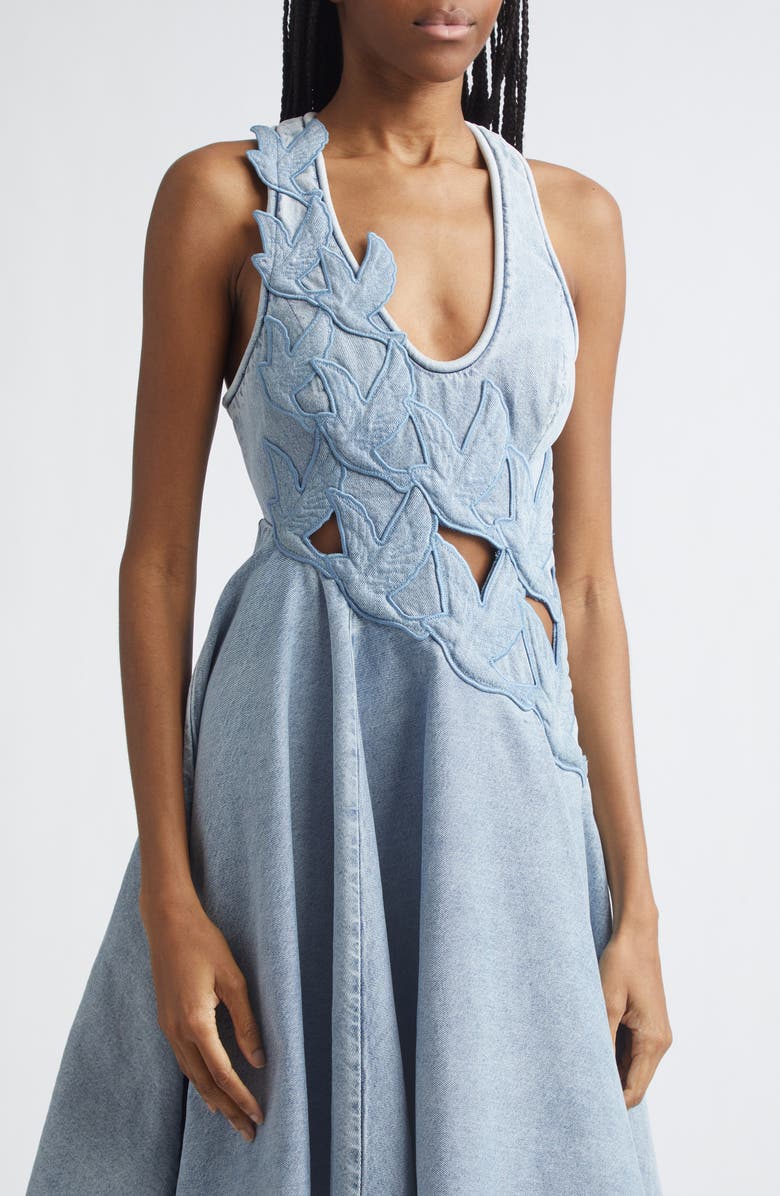 Zimmermann Alchemy Cutout Appliqué Asymmetric Denim Dress, Alternate, color, Sea Foam