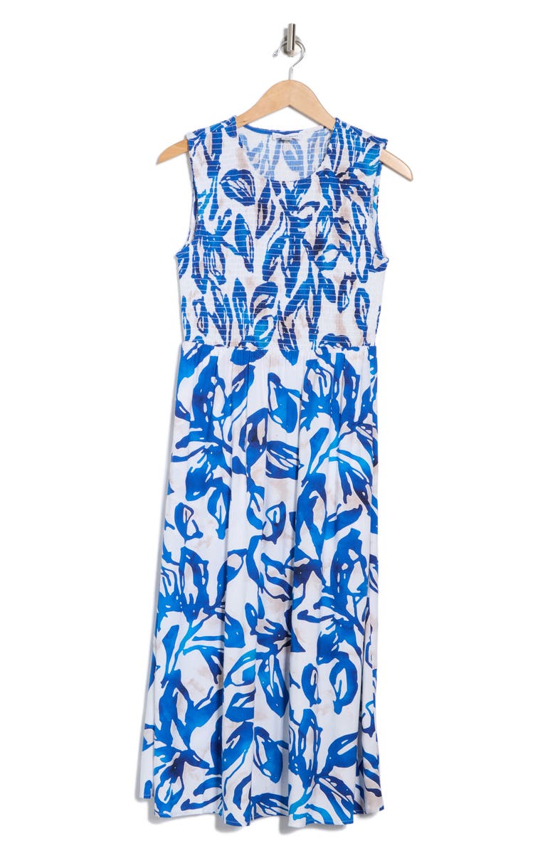 Calvin Klein Trop Floral Sleeveless Smocked Midi Dress, Alternate, color, Pacific Multi