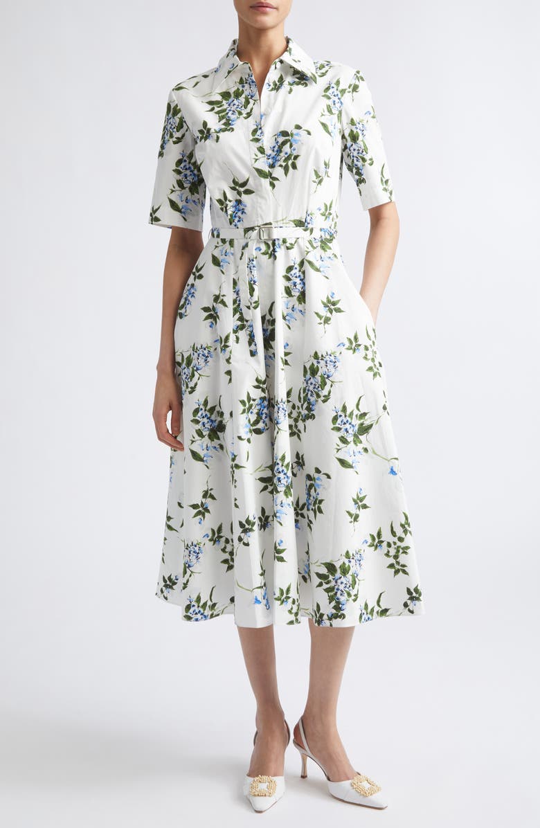 Emilia Wickstead Rubie Floral Cotton Midi Shirtdress, Main, color, White-Lilac Lillies/ Cherry