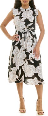 Nina Leonard Smocked Neck Tie Waist Midi Dress